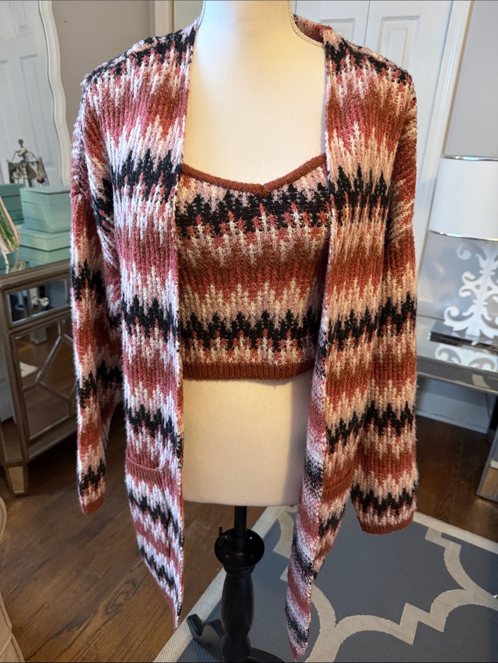 Altar'D State Cozy Patterned Cardigan & Crop Top Sweater Set Rust/Pink/Cream Sm